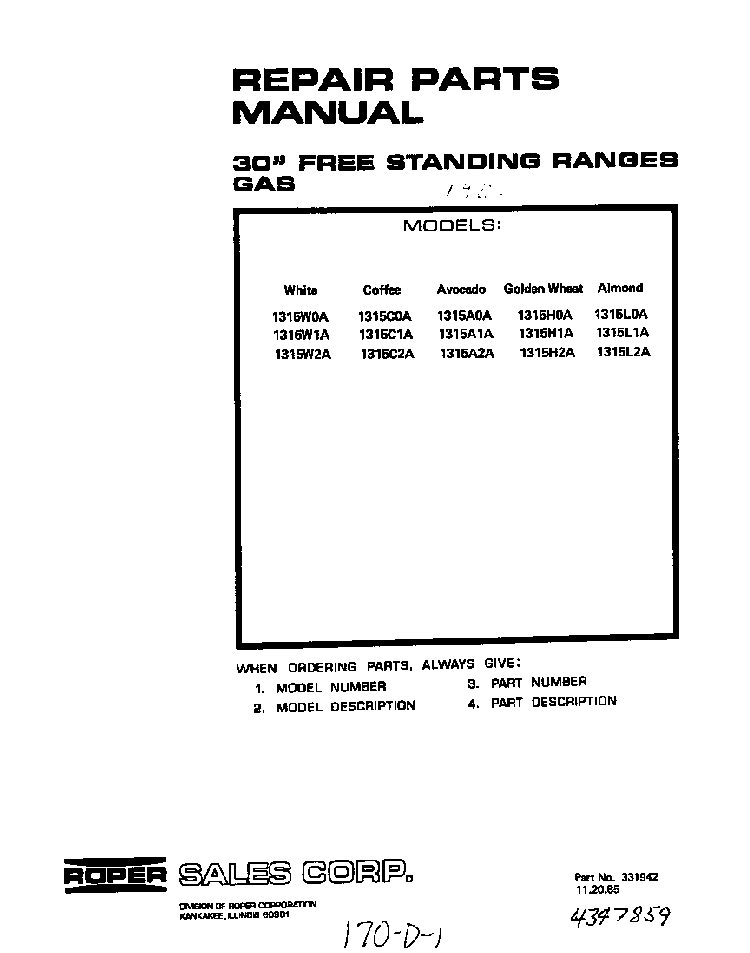 Front Cover Diagram and Parts List for 1315*1A  Roper Range