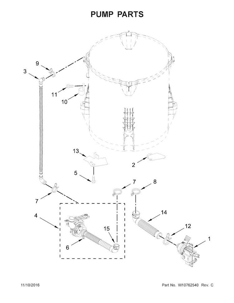 Pump Parts Diagram and Parts List for 11029132410  Kenmore Washer
