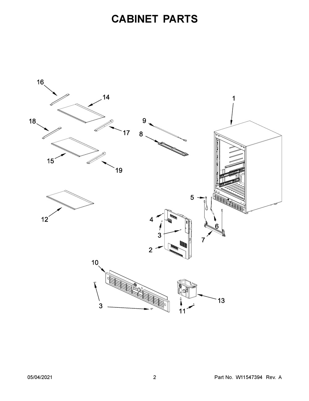 Cabinet Parts Diagram and Parts List for KURR314KSS00  Whirlpool Wine and Beverage Cooler