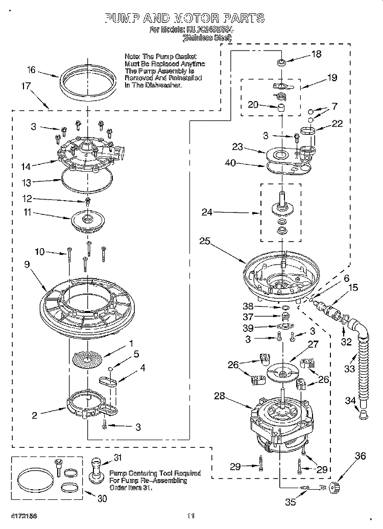PUMP AND MOTOR Diagram and Parts List for KUDC24SESS4  KitchenAid Dishwasher