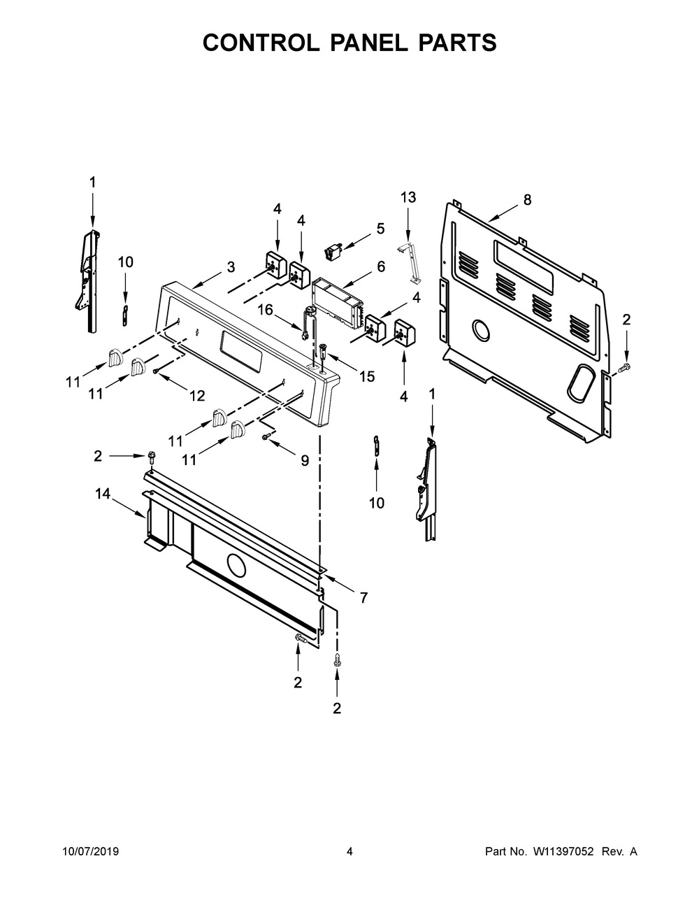 Control Panel Parts Diagram and Parts List for YWFC310S0EW4  Whirlpool Range
