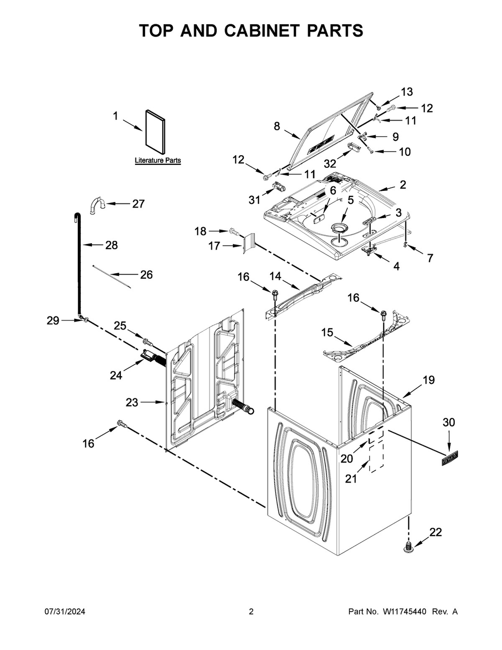 02 - Top And Cabinet Parts Diagram and Parts List for MVW5035MW2  Whirlpool Washer