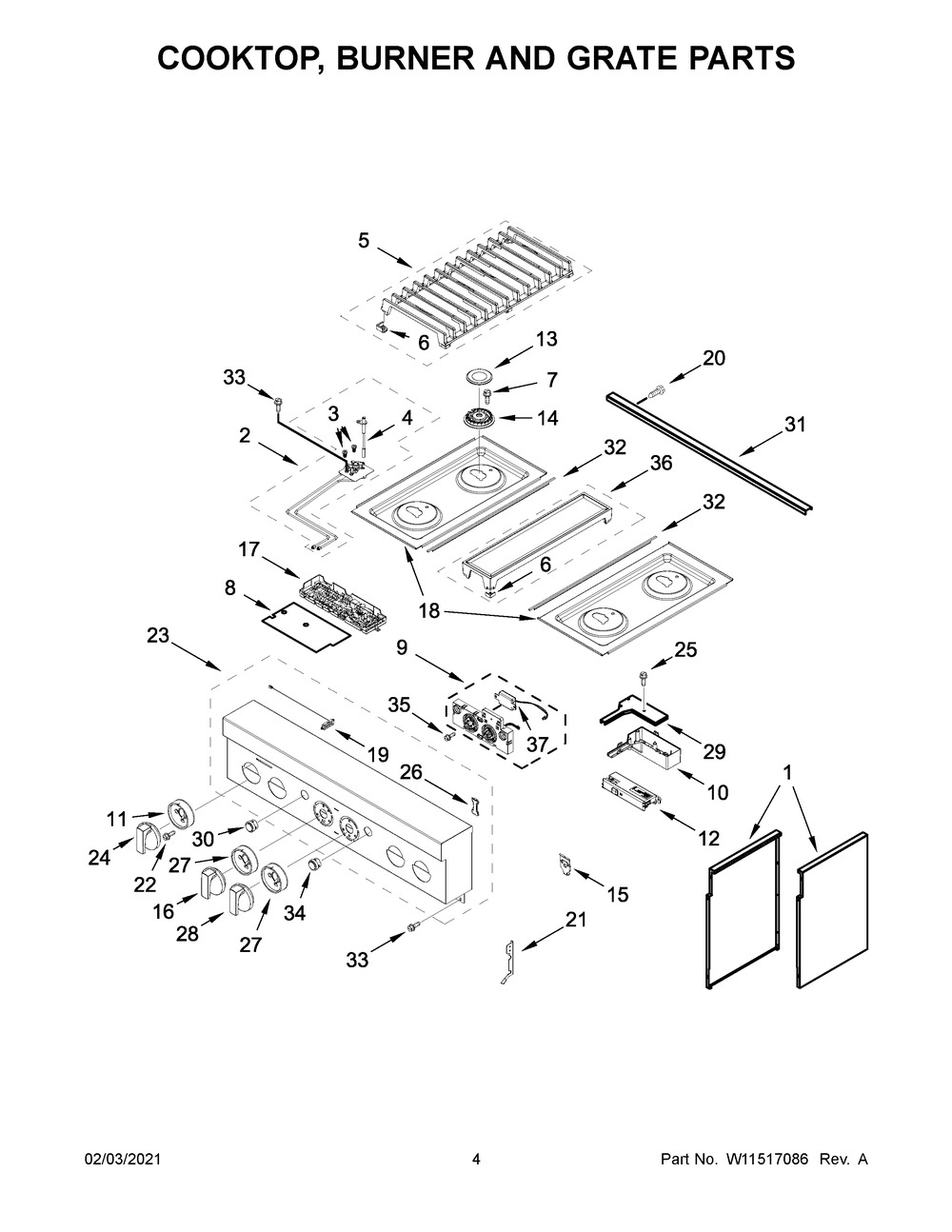 Cooktop, Burner And Grate Parts Diagram and Parts List for JDRP430HM01  Whirlpool Range