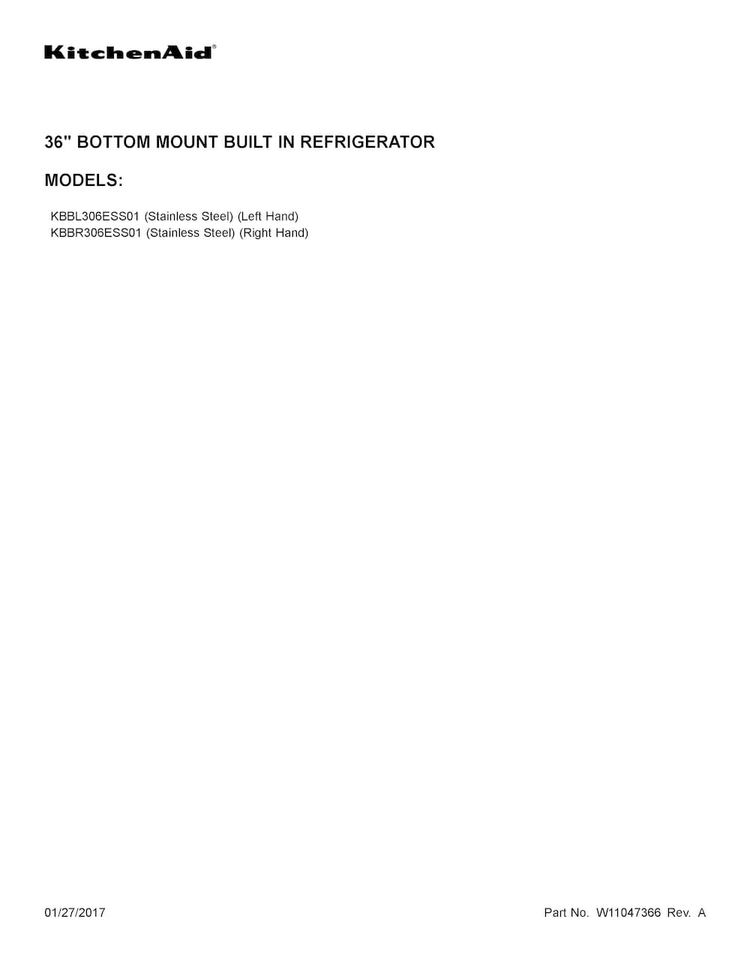Cover Sheet Diagram and Parts List for KBBR306ESS01  KitchenAid Refrigerator