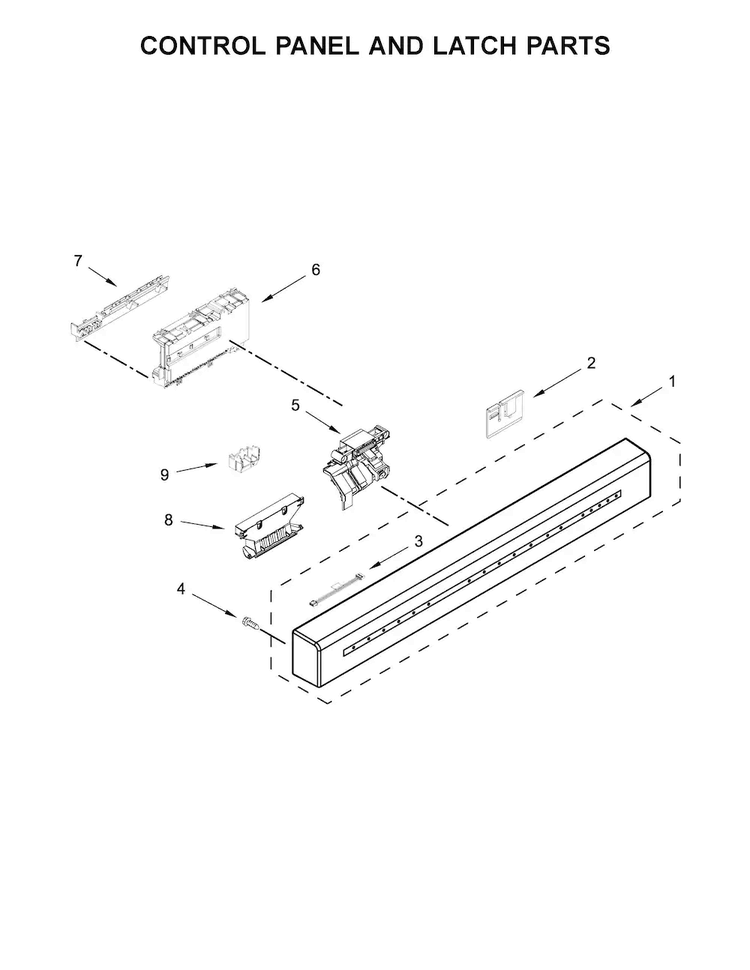 Control Panel And Latch Parts Diagram and Parts List for KDFE104DWH5  KitchenAid Dishwasher