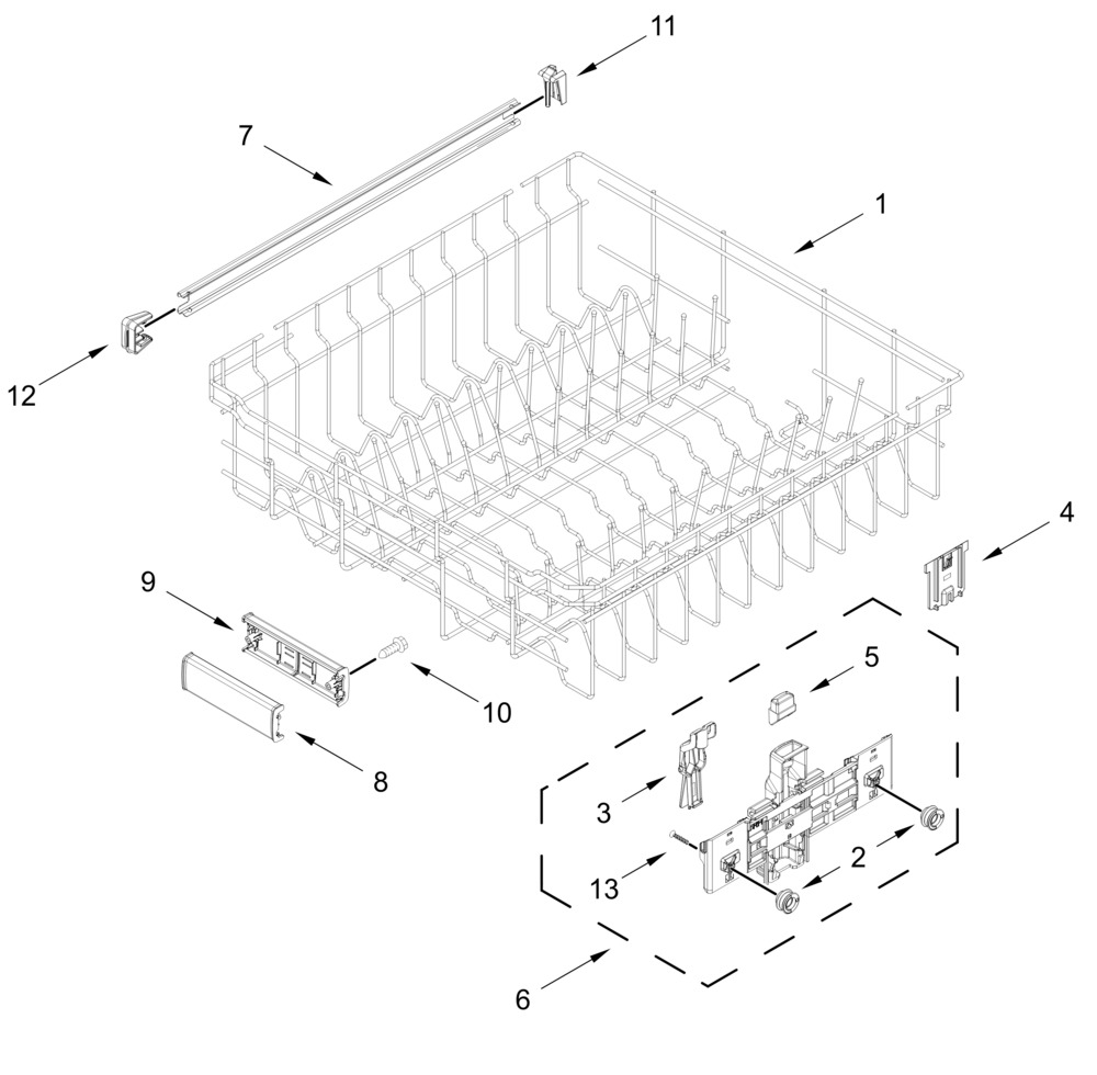 Upper Rack And Track Parts Diagram and Parts List for MDPS7024SW0 MDPS7024SZ0-MDPS7024SB0 Whirlpool Dishwasher