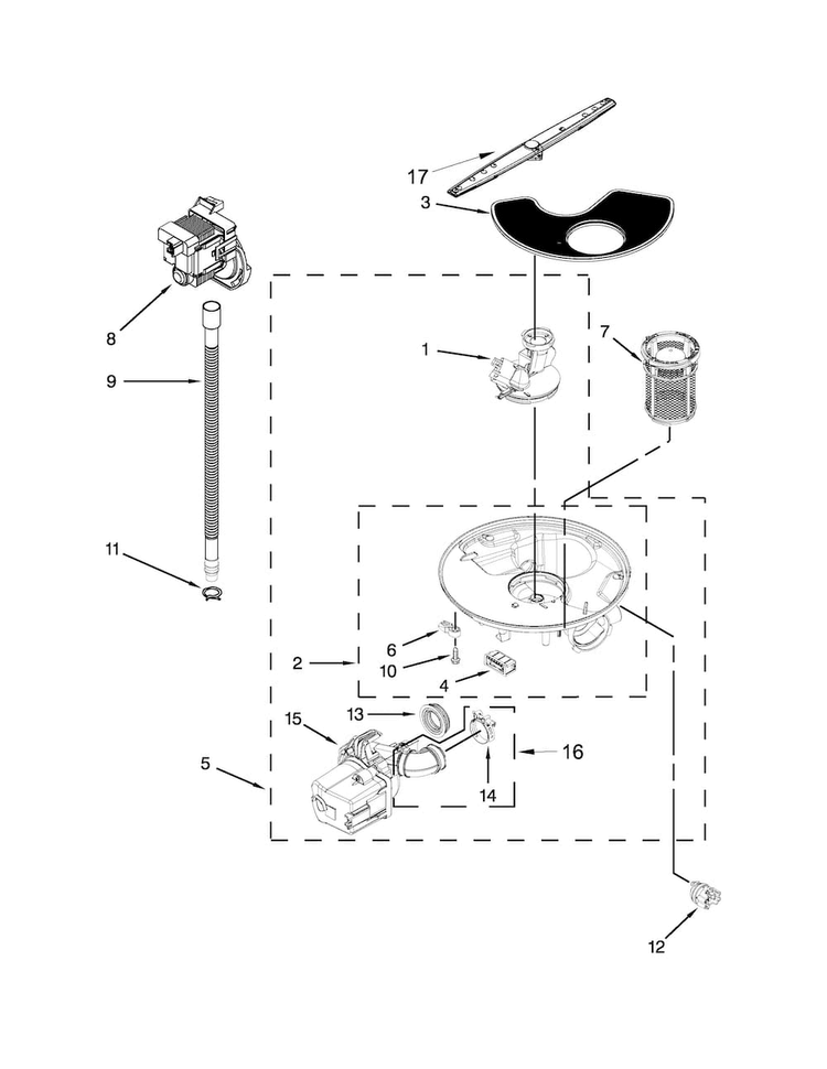 Pump, Washarm And Motor Parts Diagram and Parts List for WDF540PADM0  Whirlpool Dishwasher