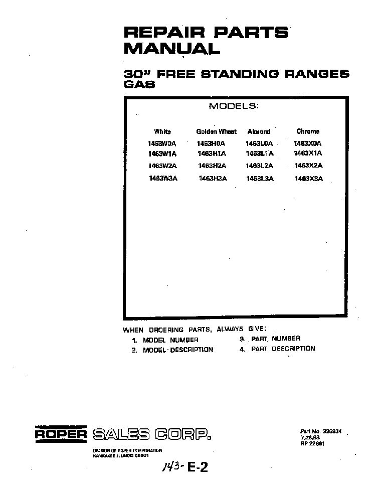 Section 3 Diagram and Parts List for 1463*3A  Roper Range