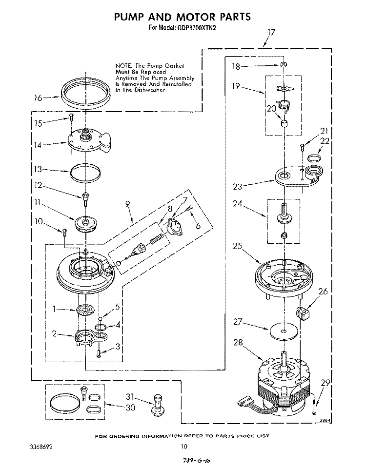 PUMP AND MOTOR Diagram and Parts List for GDP8700XTN2  Whirlpool Dishwasher