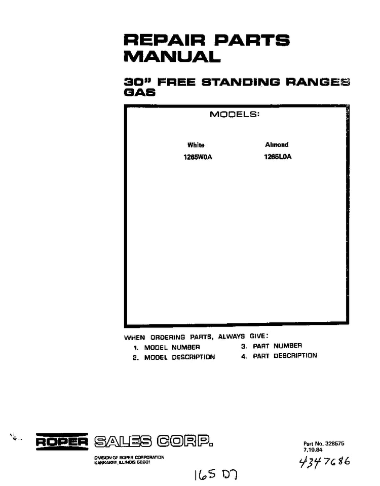 Front Cover Diagram and Parts List for 1265*0A  Roper Range