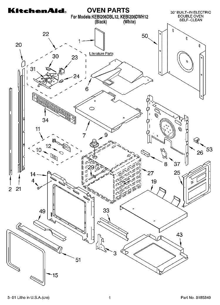 OVEN, LITERATURE Diagram and Parts List for KEBI206DWH12  KitchenAid Wall Oven