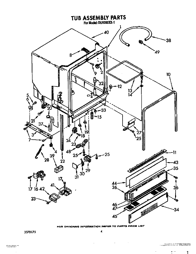 TUB ASSEMBLY Diagram and Parts List for DU9200XX1  Whirlpool Dishwasher