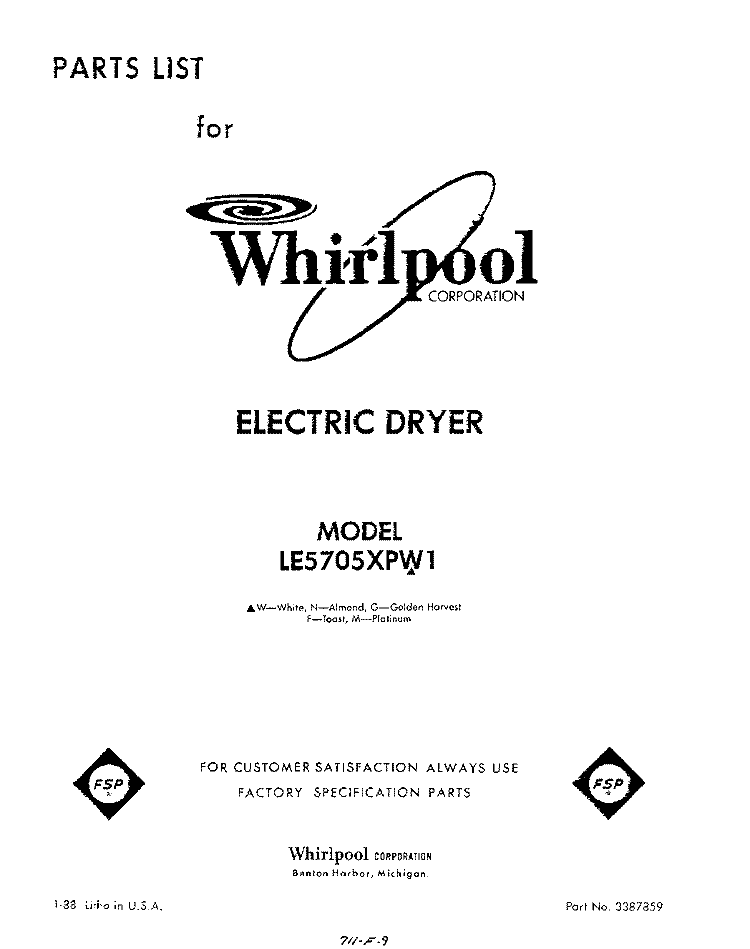 SECTION Diagram and Parts List for LE5705XPW1  Whirlpool Dryer