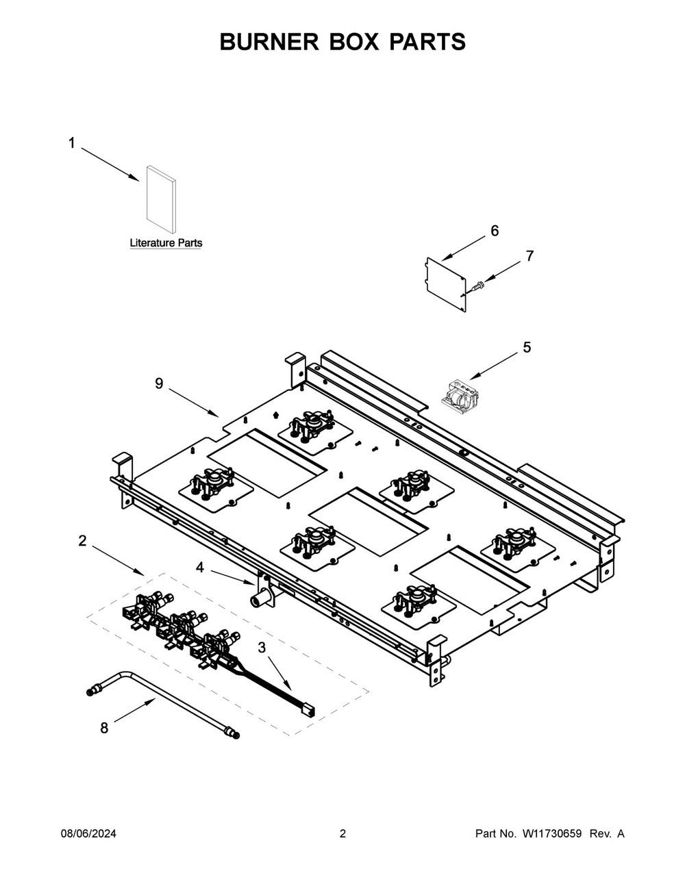 02 - Burner Box Parts Diagram and Parts List for KFGC506JPA07  Whirlpool Range