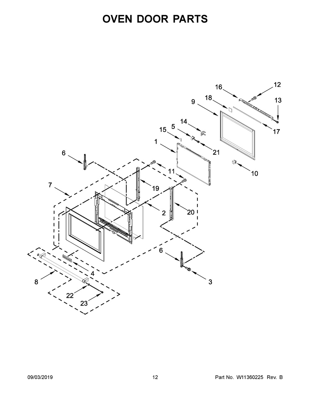 Oven Door Parts Diagram and Parts List for KOCE900HBS01  Whirlpool Microwave Oven Combo