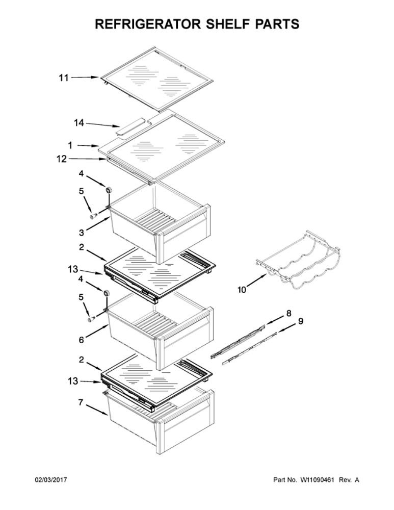 Refrigerator Shelf Parts Diagram and Parts List for WRS970CIDE01  Whirlpool Refrigerator
