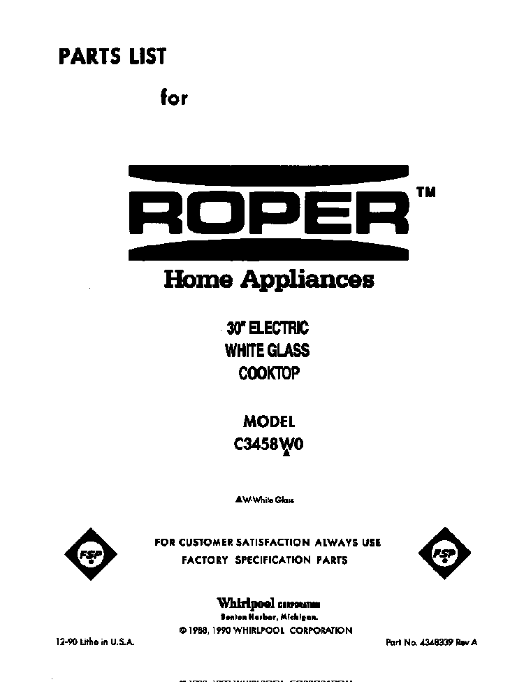 Cover Page Diagram and Parts List for C3458W0  Roper Range