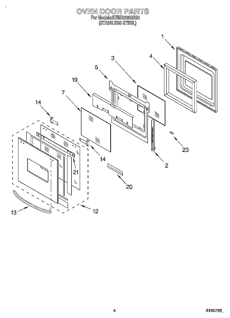 OVEN DOOR Diagram and Parts List for KEMS308GSS1  KitchenAid Microwave Oven Combo