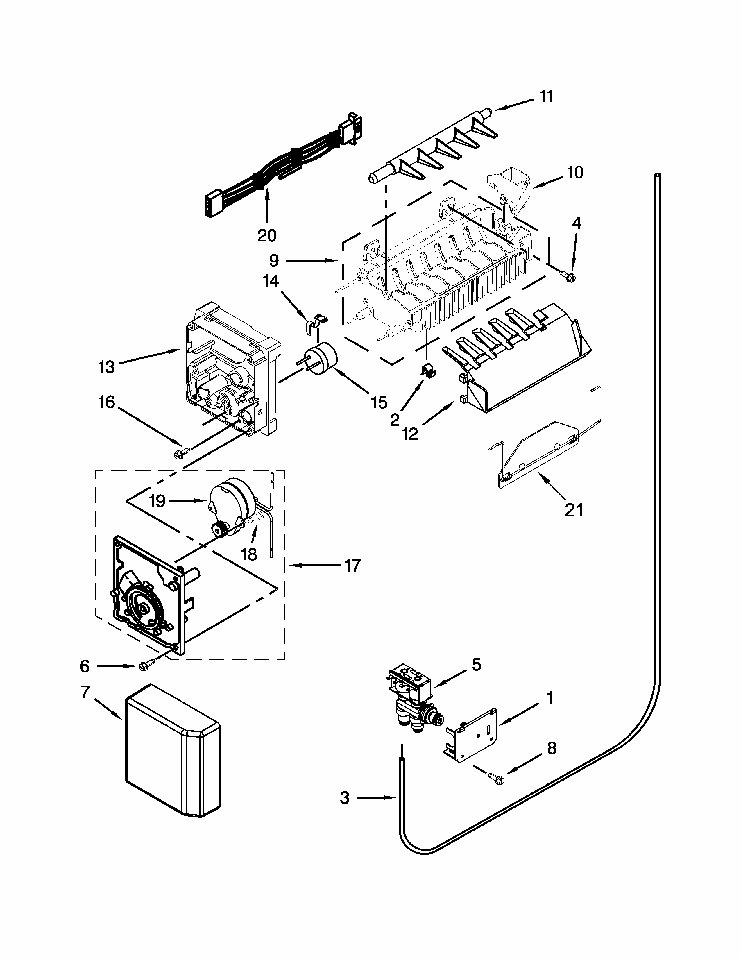 Icemaker Parts Diagram and Parts List for ISC21CNEDS00  Whirlpool Refrigerator