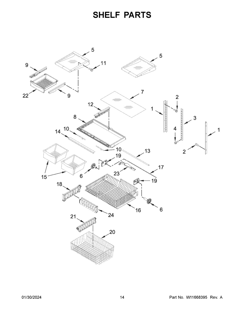 Shelf Parts Diagram and Parts List for WRB322DMHV05  Whirlpool Refrigerator