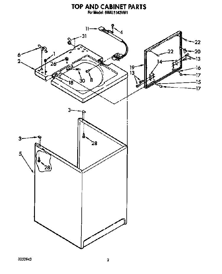 Top And Cabinet Diagram and Parts List for 6MAL5143VW1  Whirlpool Washer