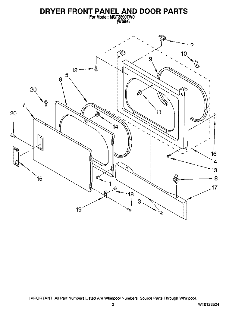 DRYER FRONT PANEL AND DOOR PARTS Diagram and Parts List for MGT3800TW0  Maytag Washer Dryer Combo