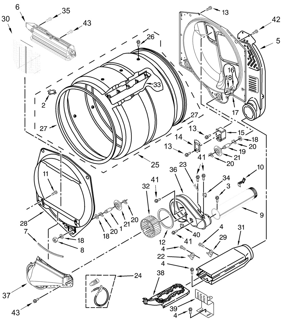 Upper And Lower Bulkhead Parts Diagram and Parts List for MLE27PDFZW0  Whirlpool Dryer