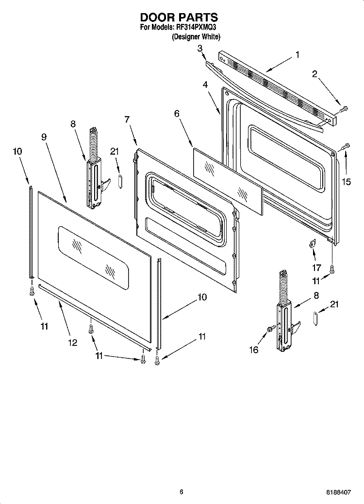 DOOR PARTS, OPTIONAL PARTS Diagram and Parts List for RF314PXMQ3  Whirlpool Range