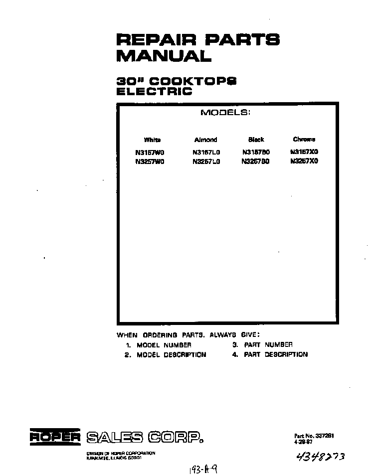 Front Cover Diagram and Parts List for N3157*0  Roper Range