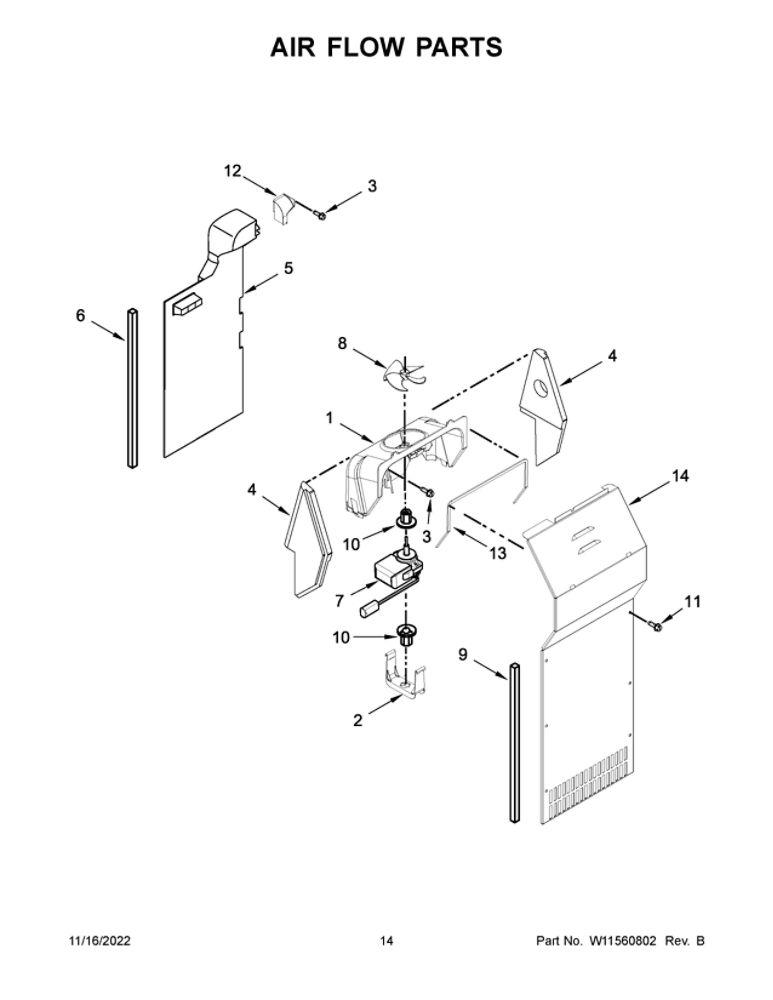 Air Flow Parts 2 Diagram and Parts List for WRS312SNHB05  Whirlpool Refrigerator