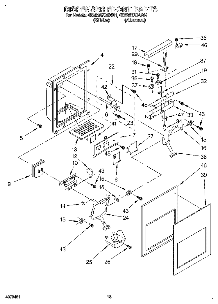 DISPENSER FRONT Diagram and Parts List for 4KSRS27QAA01  KitchenAid Refrigerator