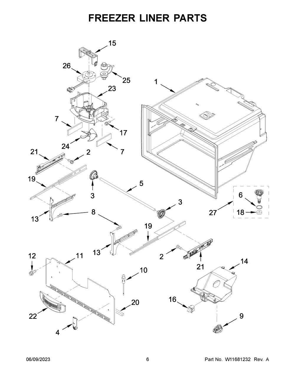 Freezer Liner Parts Diagram and Parts List for WRF555SDHW07  Whirlpool Refrigerator