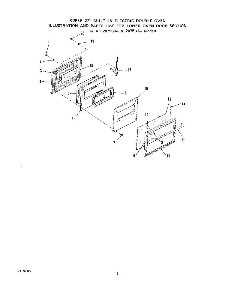 UPPER OVEN DOOR Diagram and Parts List for 2075B0A  Roper Range