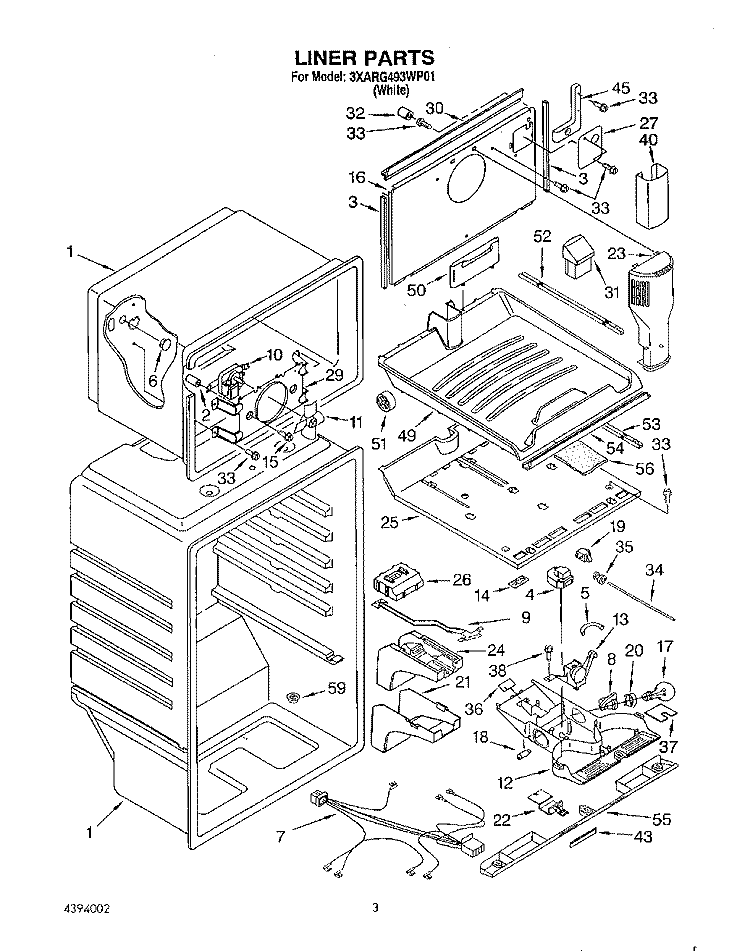 LINER Diagram and Parts List for 3XARG493WP01  Whirlpool Refrigerator