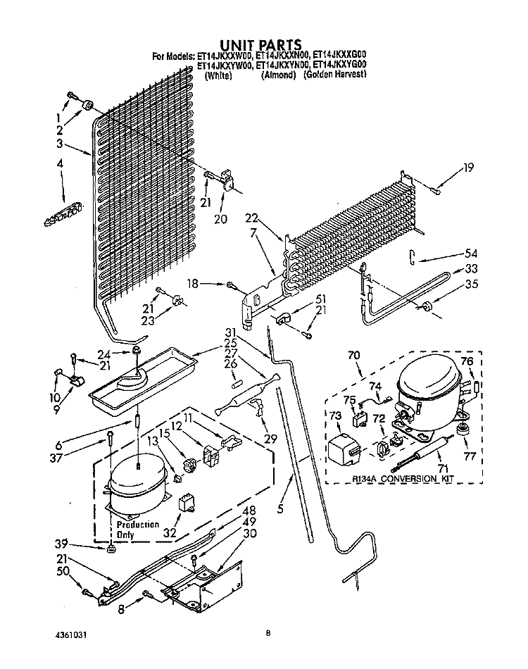 UNIT Diagram and Parts List for ET14JKXXG00  Whirlpool Refrigerator