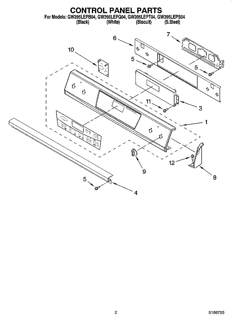 CONTROL PANEL PARTS Diagram and Parts List for GW395LEPS04  Whirlpool Range