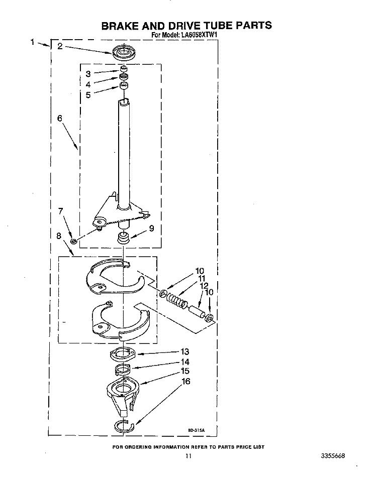 BRAKE AND DRIVE TUBE Diagram and Parts List for LA6058XTG1  Whirlpool Washer