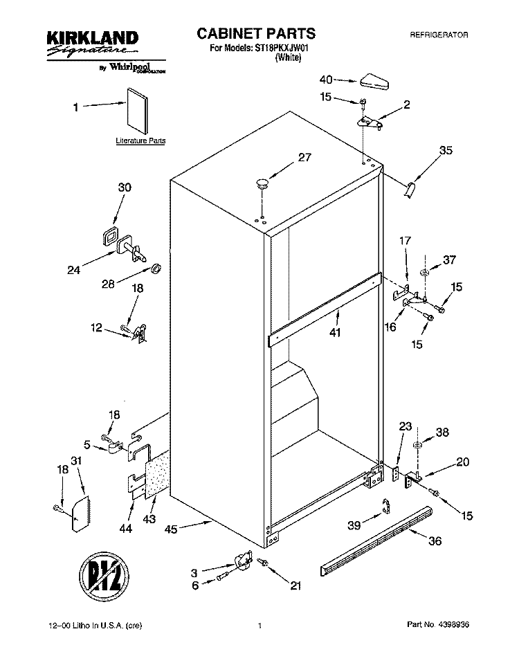 CABINET, LITERATURE Diagram and Parts List for ST18PKXJW01  Whirlpool Refrigerator