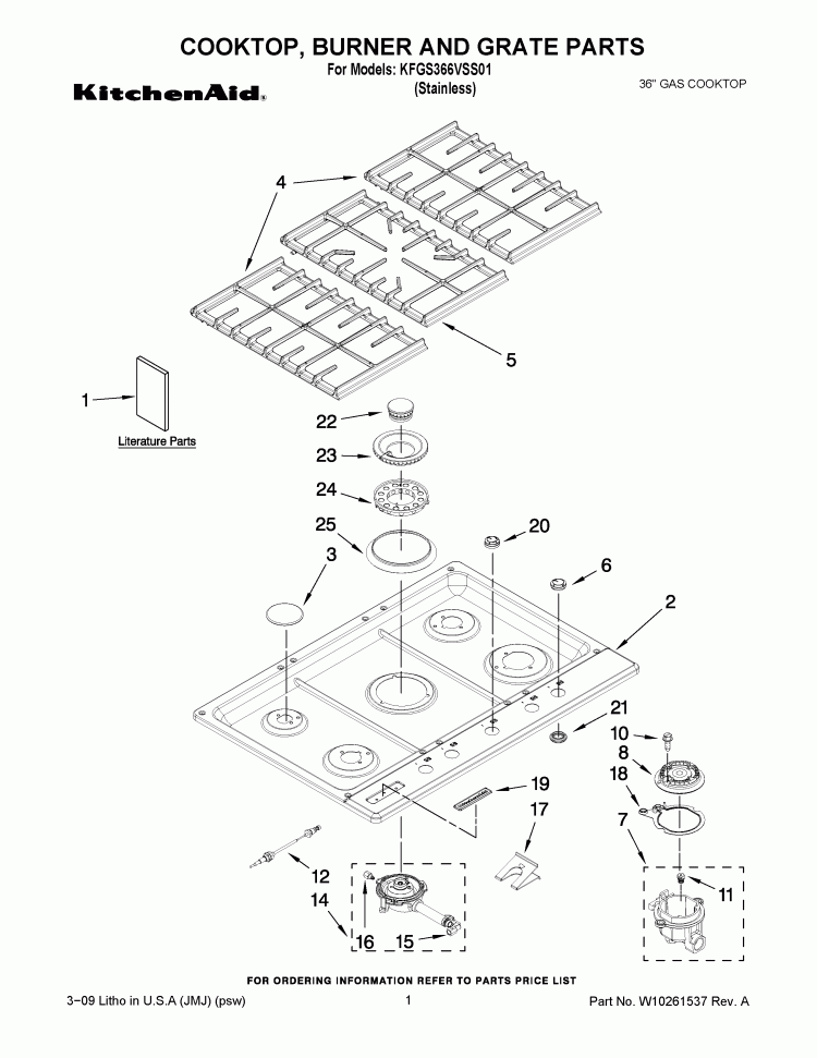 COOKTOP, BURNER AND GRATE PARTS Diagram and Parts List for KFGS366VSS01  KitchenAid Cooktop