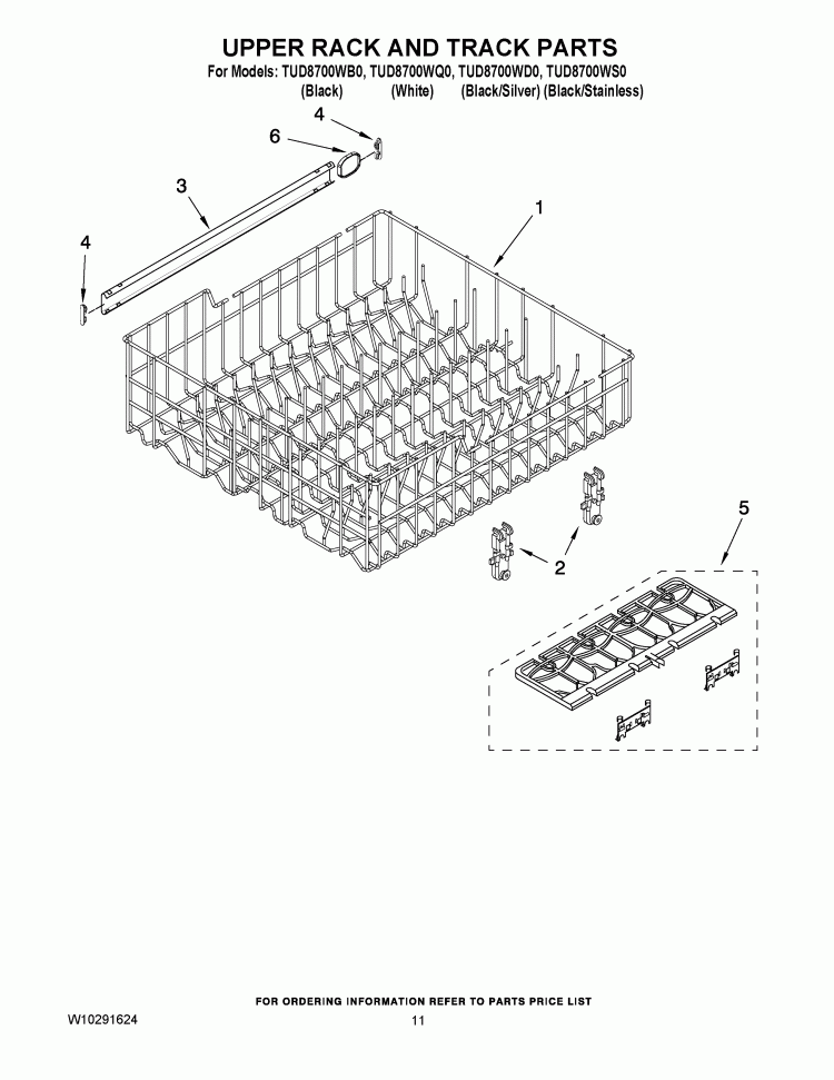 UPPER RACK AND TRACK PARTS Diagram and Parts List for TUD8700WS0  Estate Dishwasher
