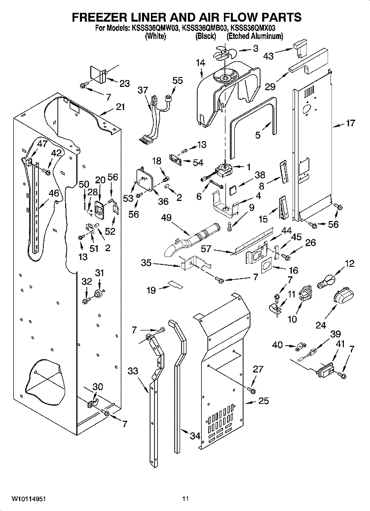 FREEZER LINER AND AIR FLOW PARTS Diagram and Parts List for KSSS36QMB03  KitchenAid Refrigerator