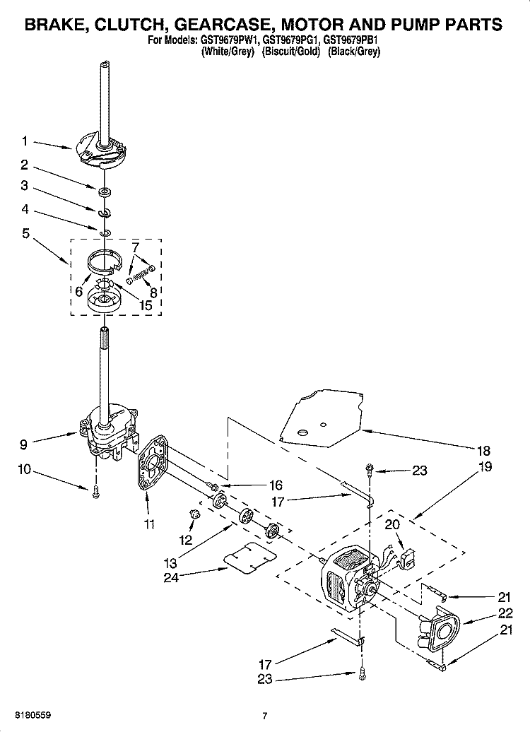 BRAKE, CLUTCH, GEARCASE, MOTOR AND PUMP PARTS Diagram and Parts List for GST9679PW1  Whirlpool Washer