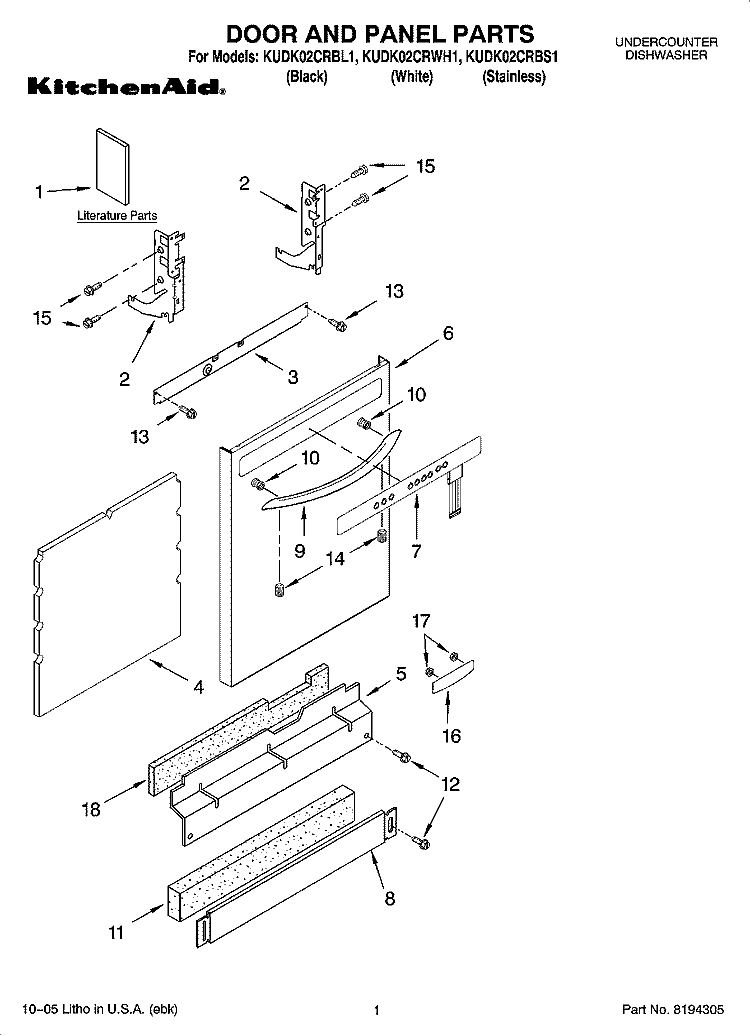 DOOR AND PANEL PARTS Diagram and Parts List for KUDK02CRBS1  KitchenAid Dishwasher