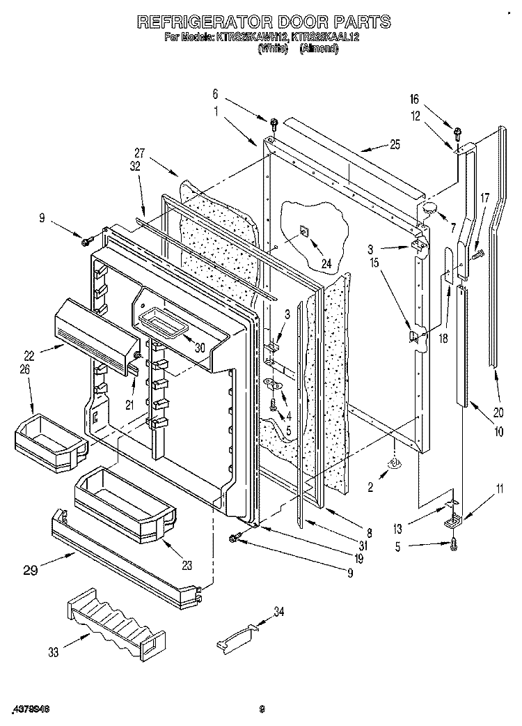 REFRIGERATOR DOOR Diagram and Parts List for KTRS25KAWH12  KitchenAid Refrigerator
