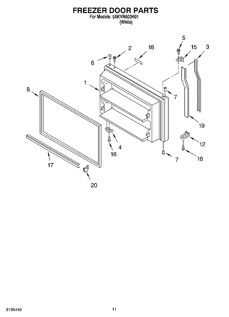 FREEZER DOOR PARTS, LITERATURE AND OPTIONAL PARTS Diagram and Parts List for 5XKVN600K01  Whirlpool Refrigerator