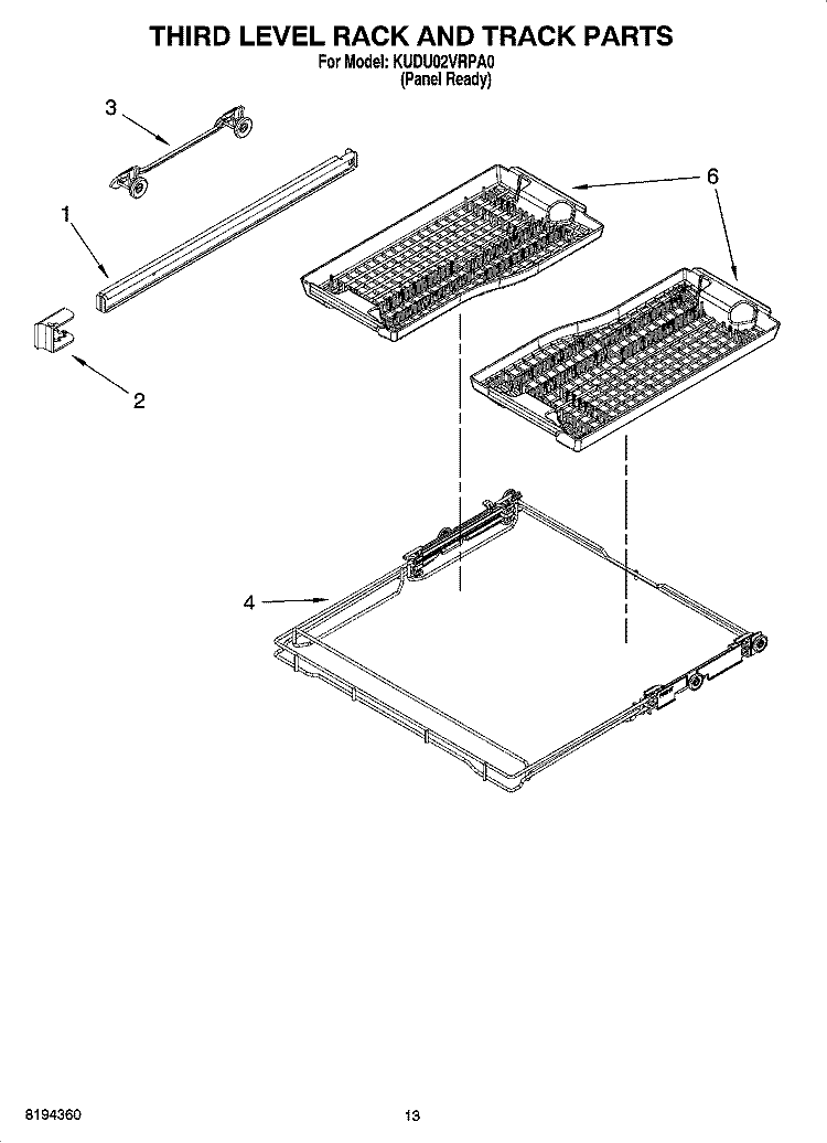 THIRD LEVEL RACK AND TRACK PARTS Diagram and Parts List for KUDU02VRPA0  KitchenAid Dishwasher