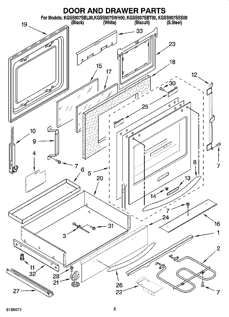 DOOR AND DRAWER PARTS Diagram and Parts List for KGSS907SBT00  KitchenAid Range