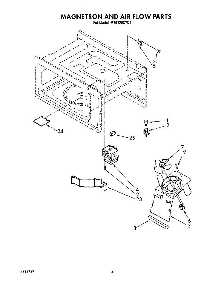 MAGNETRON AND AIR FLOW Diagram and Parts List for MT6120XYQ1  Whirlpool Microwave