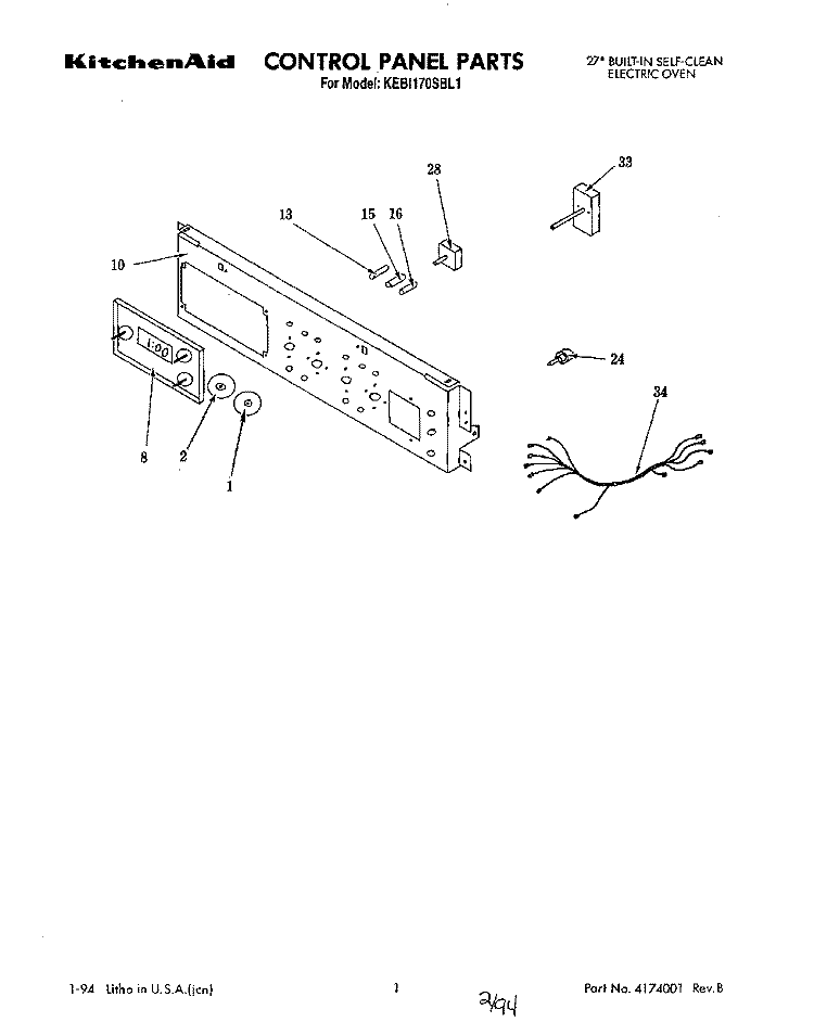 CONTROL PANEL Diagram and Parts List for KEBI170SBL1  KitchenAid Wall Oven