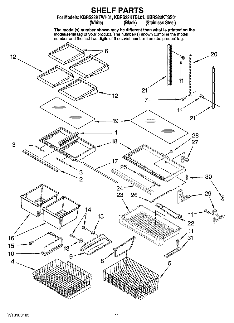 SHELF PARTS Diagram and Parts List for KBRS22KTSS01  KitchenAid Refrigerator